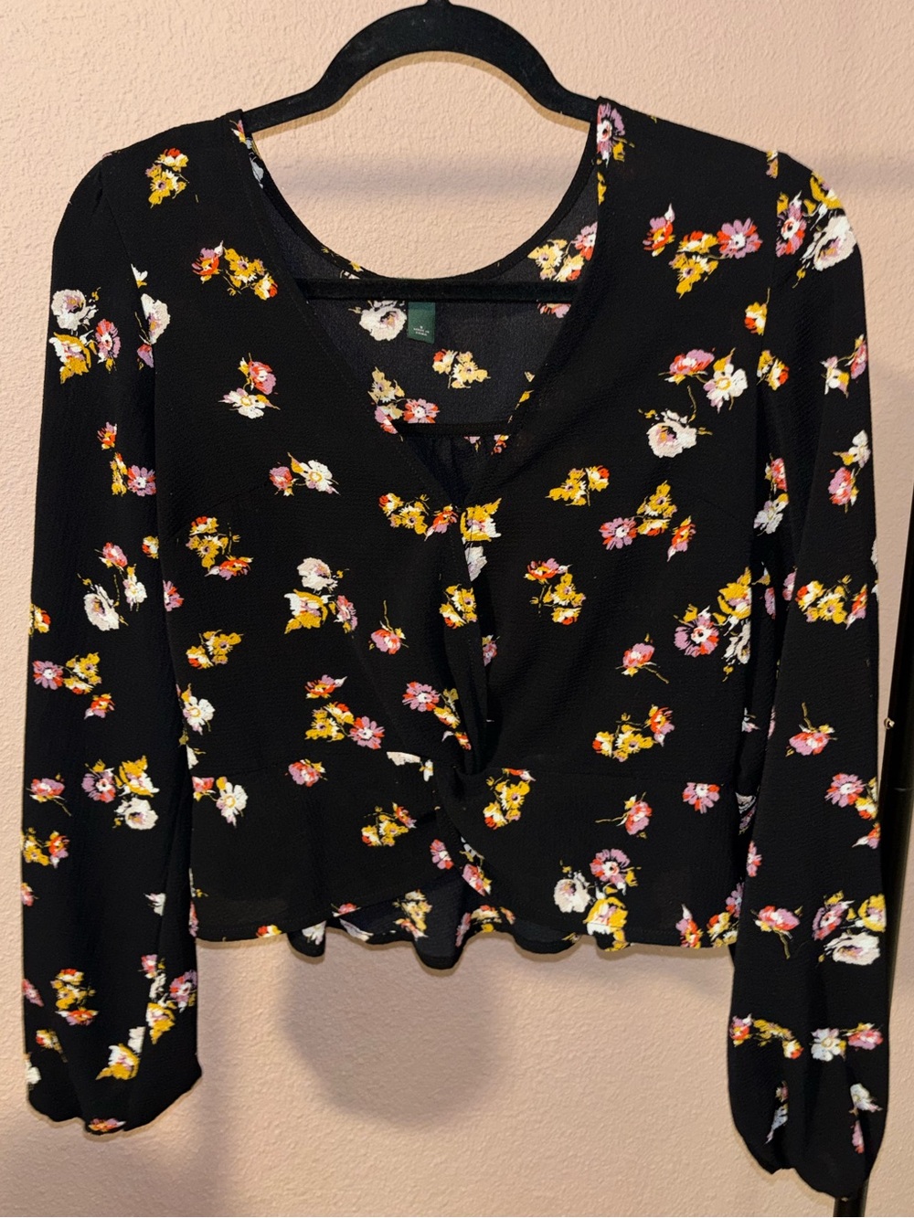 Floral Twist-Front Long Sleeve Top - Black